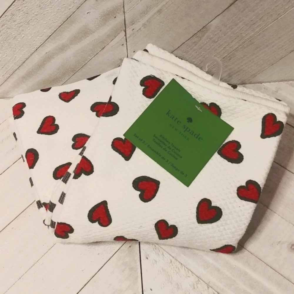 NWT Kate Spade Valentine's Kitchen Towels 3 Piece Set 100% Cotton